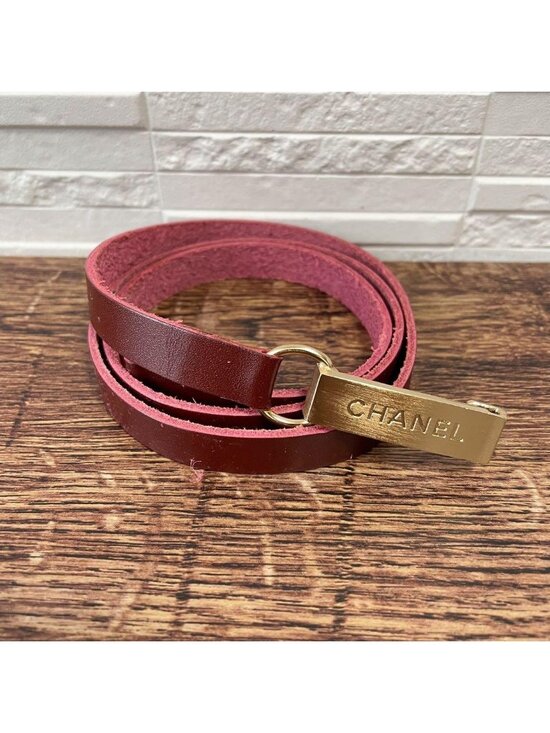 Chanel Leather Gold Buckle Logo Narrow Belt Bordeaux
